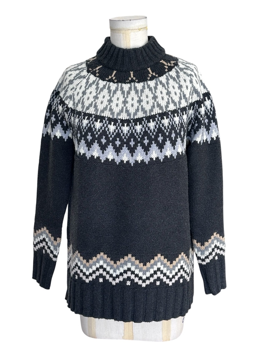 Tuckernuck Women’s Charcoal White Wool Fair Isle Longline Turtleneck Sweater XS